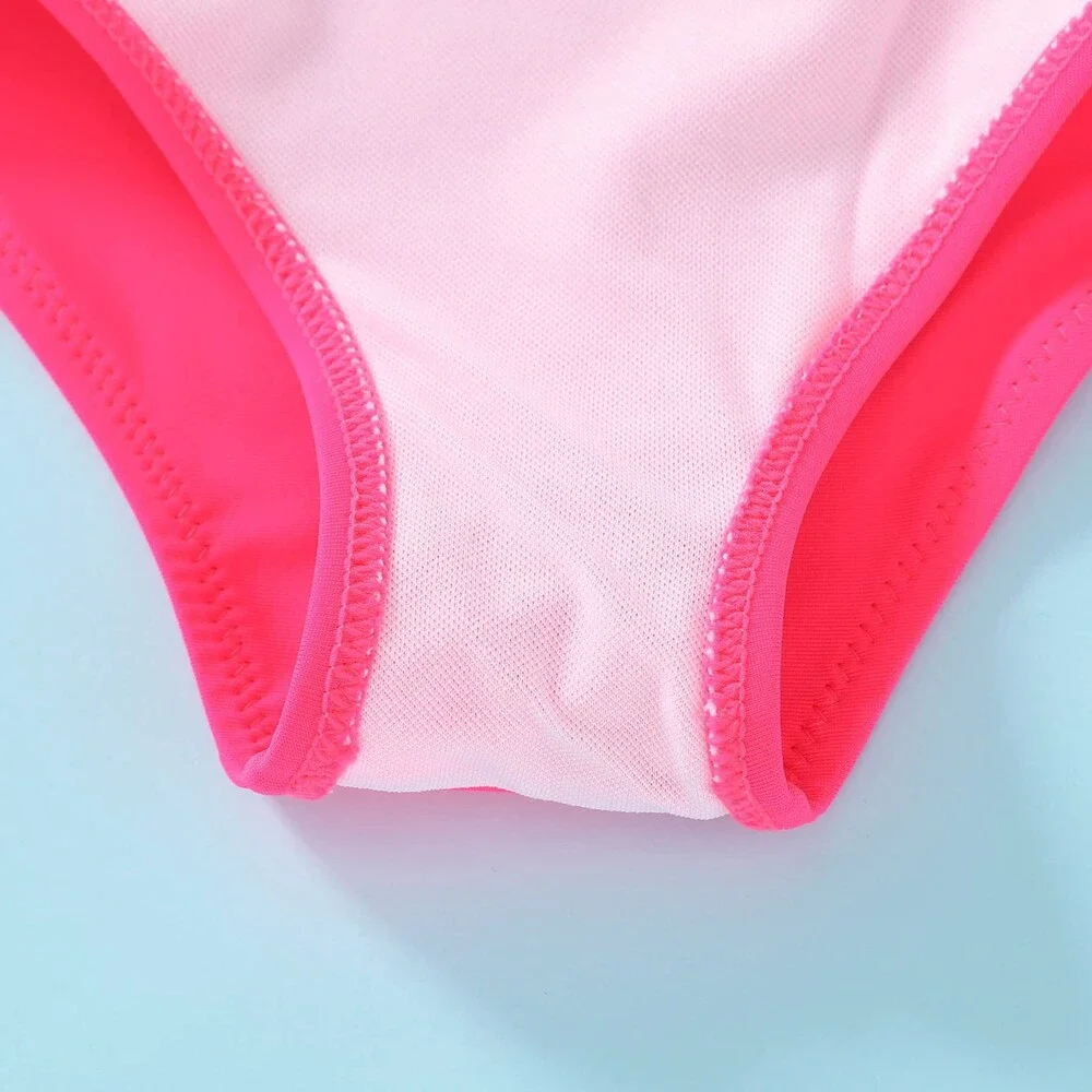 YOUNGER Toddler Red Pink TREE Girl One Piece Swimsuit Color Block Stripe 9-12M